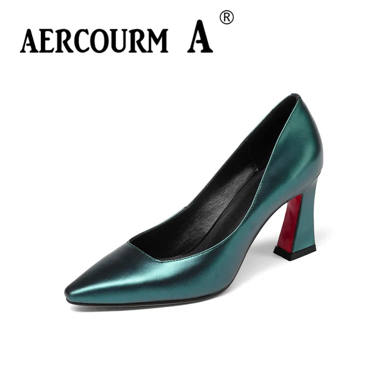 Зеленый натуральной кожи Aercourm A г. Для женщин шелковой поверхностью обувь женская обувь из натуральной кожи туфли-лодочки на каблуке Весна квадратный каблук зеленый Брендовая обувь Z302 - Цвет: 302 green