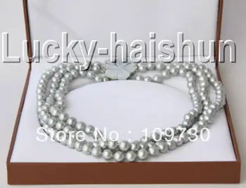 

Jewelry 001057 3row 10mm round Gray Freshwater pearls necklace seashell clasp