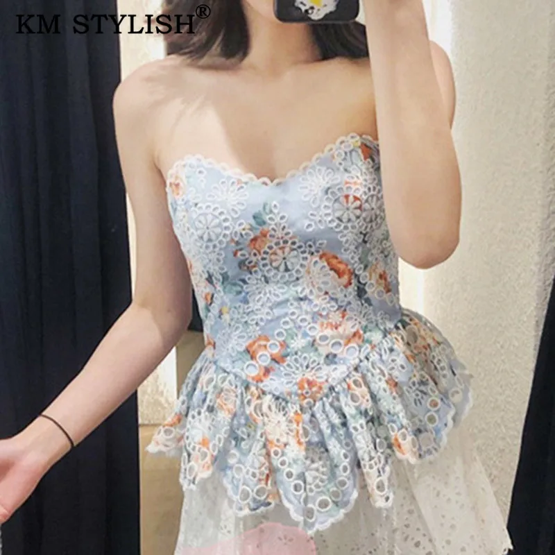 

[IN STOCK]2019Zimm Summer New Sweet Lady Printed Tube Top Ruffled Off Shoulder Top Water-soluble Flower Cutout Lace Floral Camis