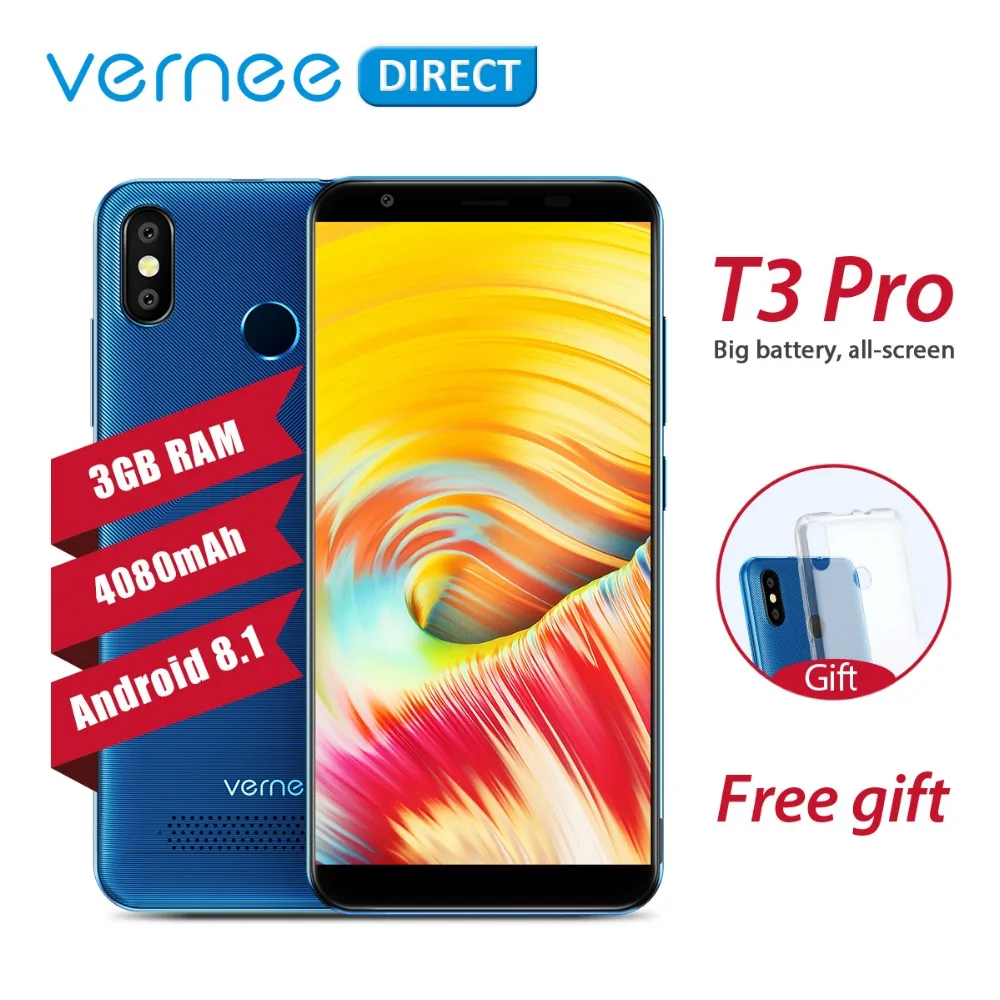 Original Vernee T3 Pro 3GB RAM 16GB ROM Android 8.1 Quad-Core Mobile Phone 5.5 Inch 4080mAh 5MP+13MP Smartphone with Free Gift