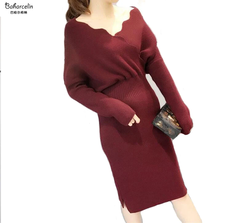 

Baharcelin Women Autumn Winter Sweater Knitted Dresses Slim Elastic Sexy V Neck Long Sleeve Lady Bodycon Robe Dresses Vestidos