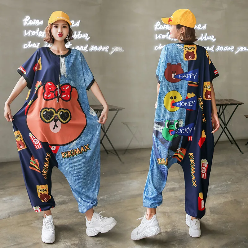 

Summer Cartoon Printed Jumpsuit Women Short Sleeve Oversized Jumpsuits Rompers Female Cool Playsuits Casual One Piece Overalls