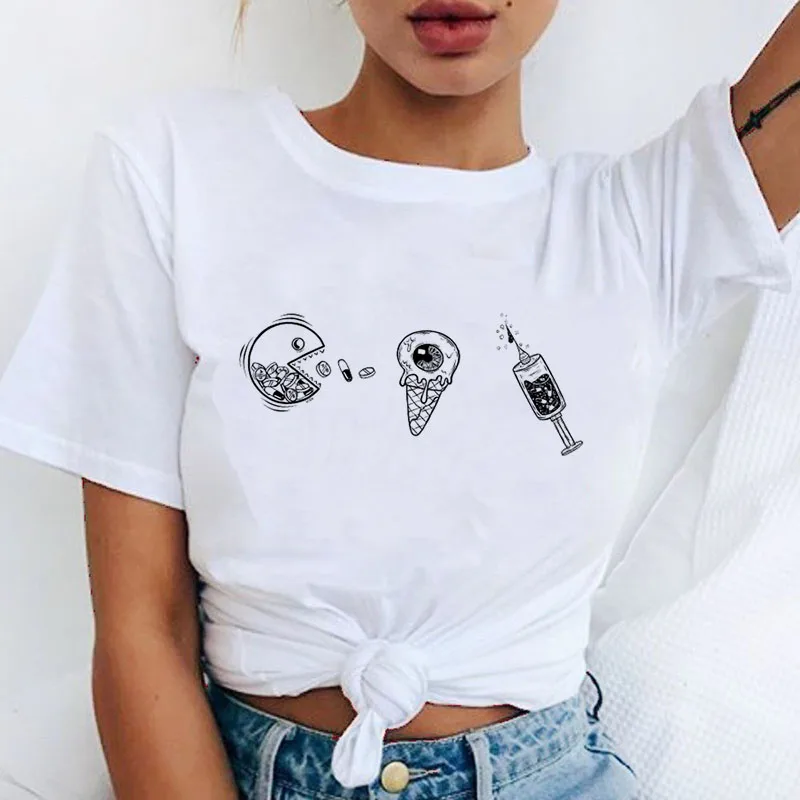 

Harajuku Short-Sleeved Women Dress Cotton Funny White Shirt Women'S Crew-Neck T-Shirt Grunge Aesthetic Slogan Camiseta Tees Tops