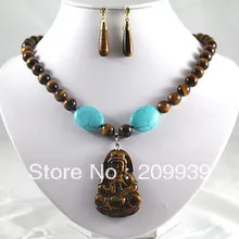 Huij 00120 набор тигровый глаз камень ожерелье Будда/Гуаньинь повезло кулон, серьги