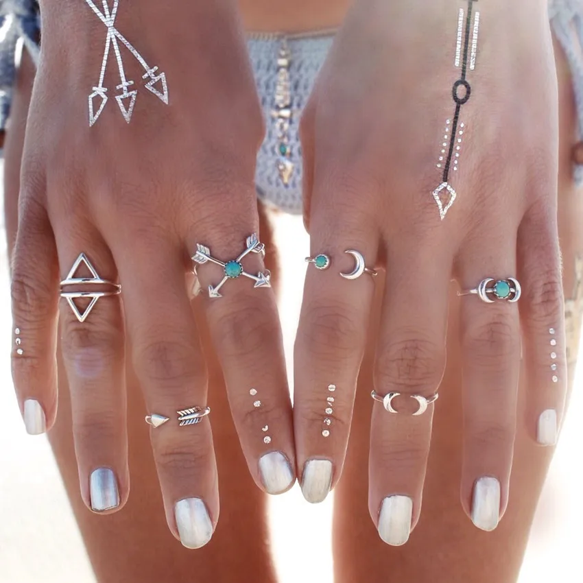 6pcs vintage turkish beach punk moon arrow ring set ethnic carved silver color boho midi finger - Turkish Wedding Ring 6pcs vintage turkish beach punk moon arrow ring set ethnic carved silver color boho midi finger - Turkish Wedding Ring