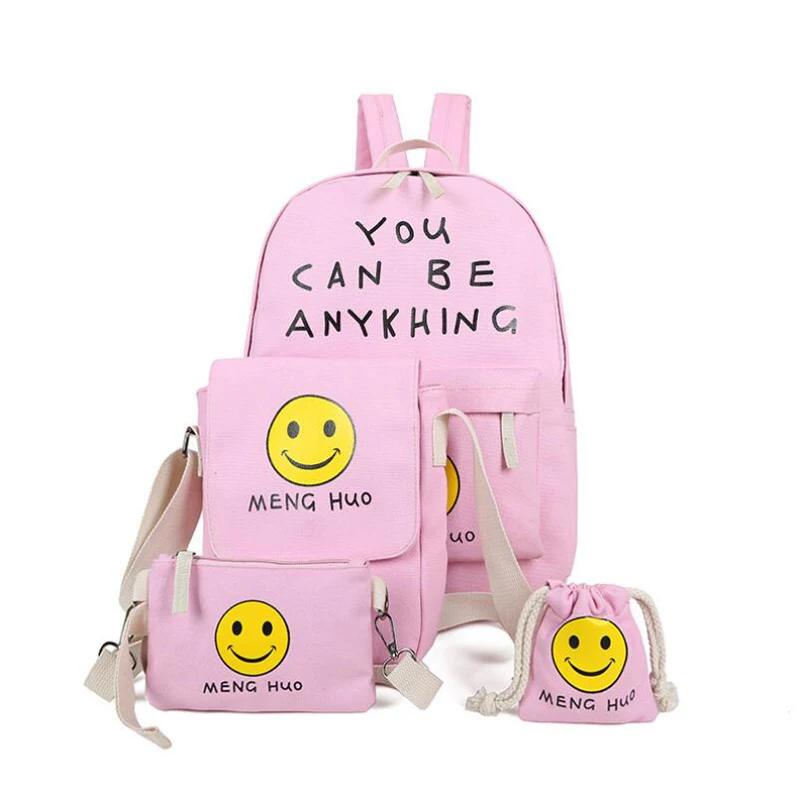 

Fashion Smile Face Printing Backpack 4 Pieces/Set Female School Black/Blue/ Bags For Teenagers Mochilas Canvas Backpack New