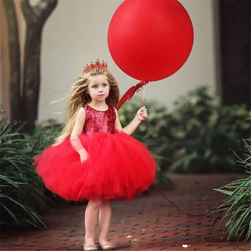 Pageant Party Dress Pink Red Ball Gown Formal Dresses Kids Baby Girl Princess Dress Tutu Tulle Back Hollow Out Outfits