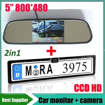 

2in1 CCD car rear view parking camera Car License Plate Frame Rear View Camera For EU European Car + 5inch car mirror monitor