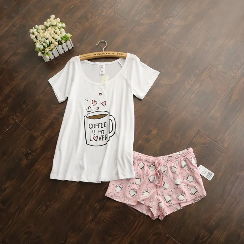 Cute pajamas sets with white and pink /grey and green color coffee cups