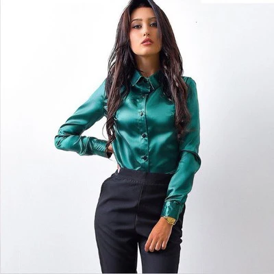 Шелковая сатиновая блузка для женщин на пуговицах, отложной воротник, рубашки с длинным рукавом, элегантные женские офисные высококачественные Блузки больших размеров 3XL - Цвет: green