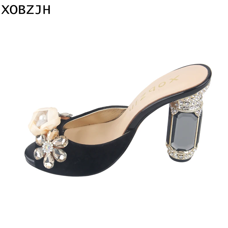 

Women Sandals Shoes 2019 Luxury Genuine Leather High Heels Ladies Handmade Rhinestone Flowers Wedding Black Shoes Plus Size