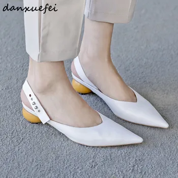 

Women's genuine leather slingback sandals med heel comfortable spring new heels shoes summer elegant ladies party dress shoes