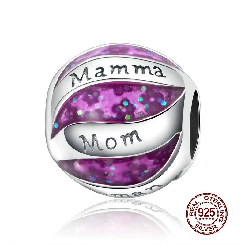 MOWIMO 925 пробы серебро мама Шарм фиолетовый круглый шарик Fit оригинальный Pandora Браслеты кулон любовь мать подарок BKC1041