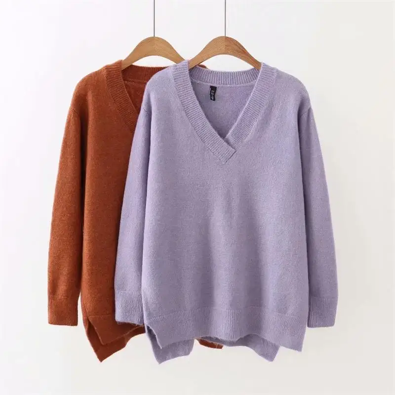 

Oversized Plus Size V-Neck Long Sleeve Women Knitted Pullover 2018 Casual Solid Ladies Sweater Wool Female 5XL