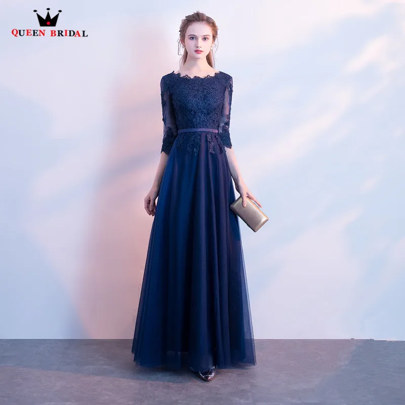 

A-line Half Sleeve Floor Length Lace Tulle Prom Dresses Long Formal Elegant Party Dress Gowns 2018 New QUEEN BRIDAL PR06M