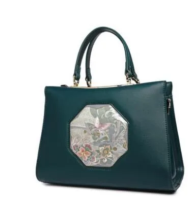 Dark green Известный бренд, высокое качество, коровья кожа, женская сумка, новинка, ручная работа, китайский стиль, вышитые кожаные сумки, посылка-убийца - Цвет: Dark green
