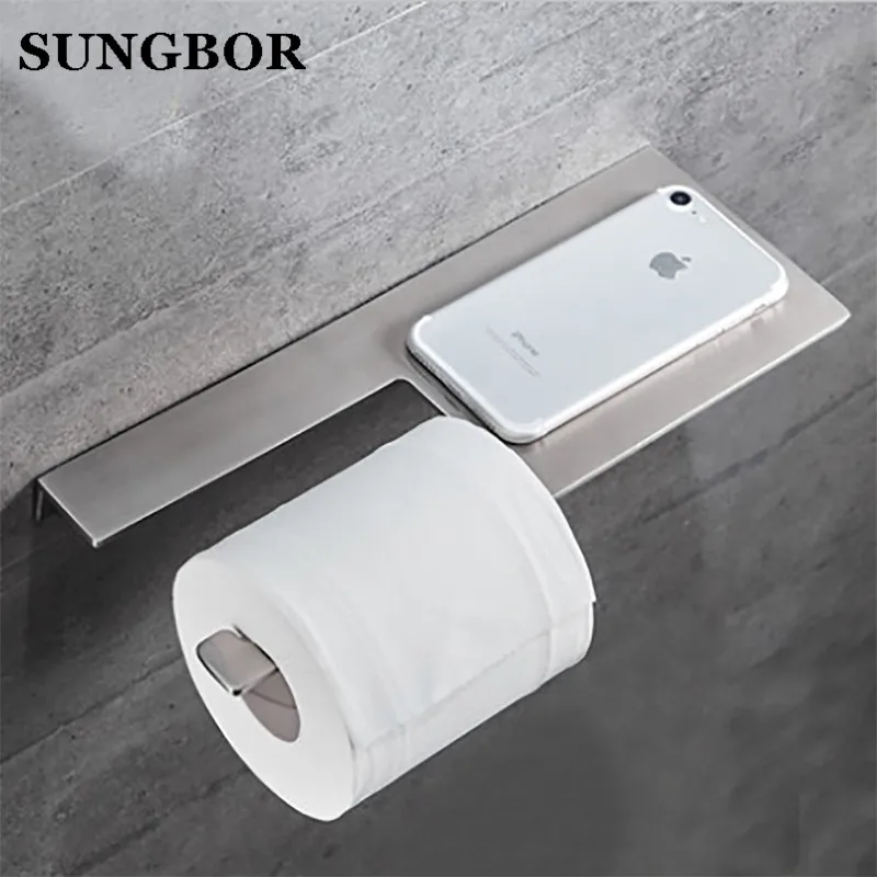 304 Stainless Steel Bathroom Paper Roll Holder With Phone Shelf Toilet Paper Holder Tissue Box Bathroom Mobile Phone Towel Rack