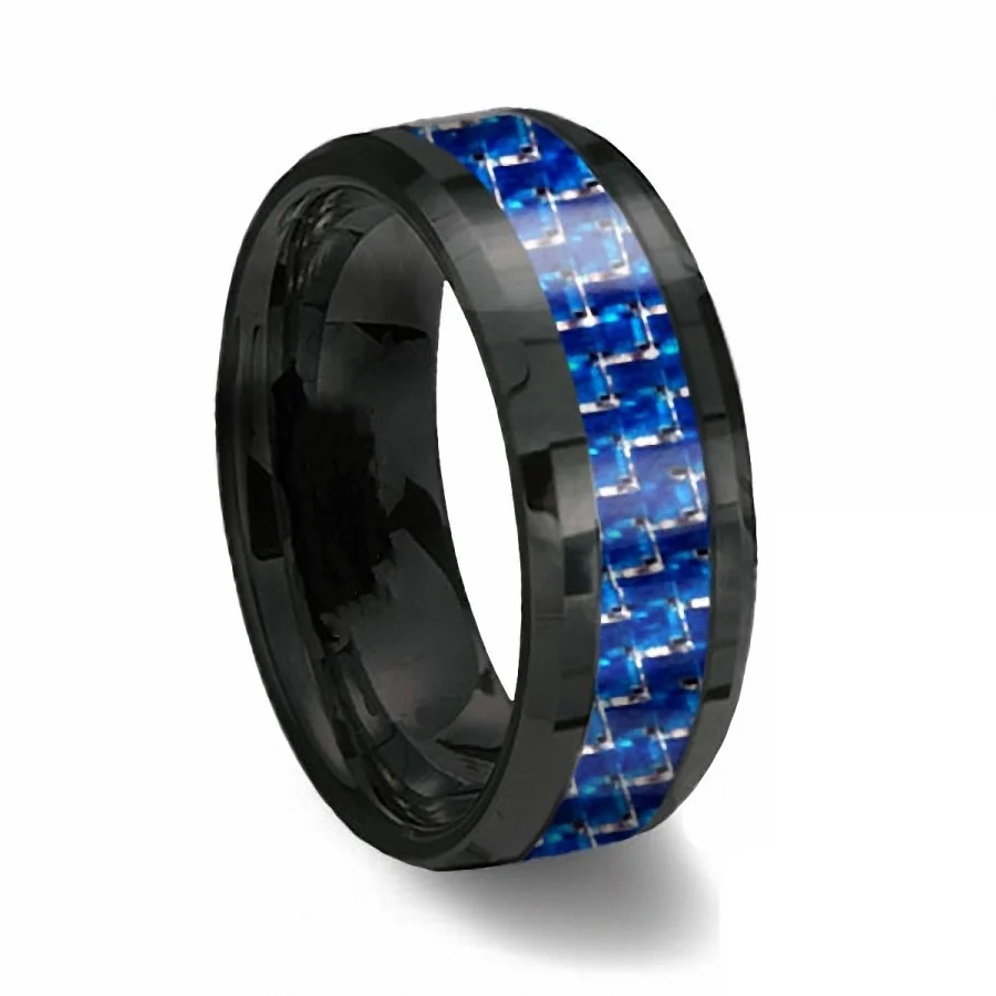 Black-and-blue-Carbon-Fiber-Tungsten-Ring-Blue-Diamond-Mens-jewelry-Wedding-Band