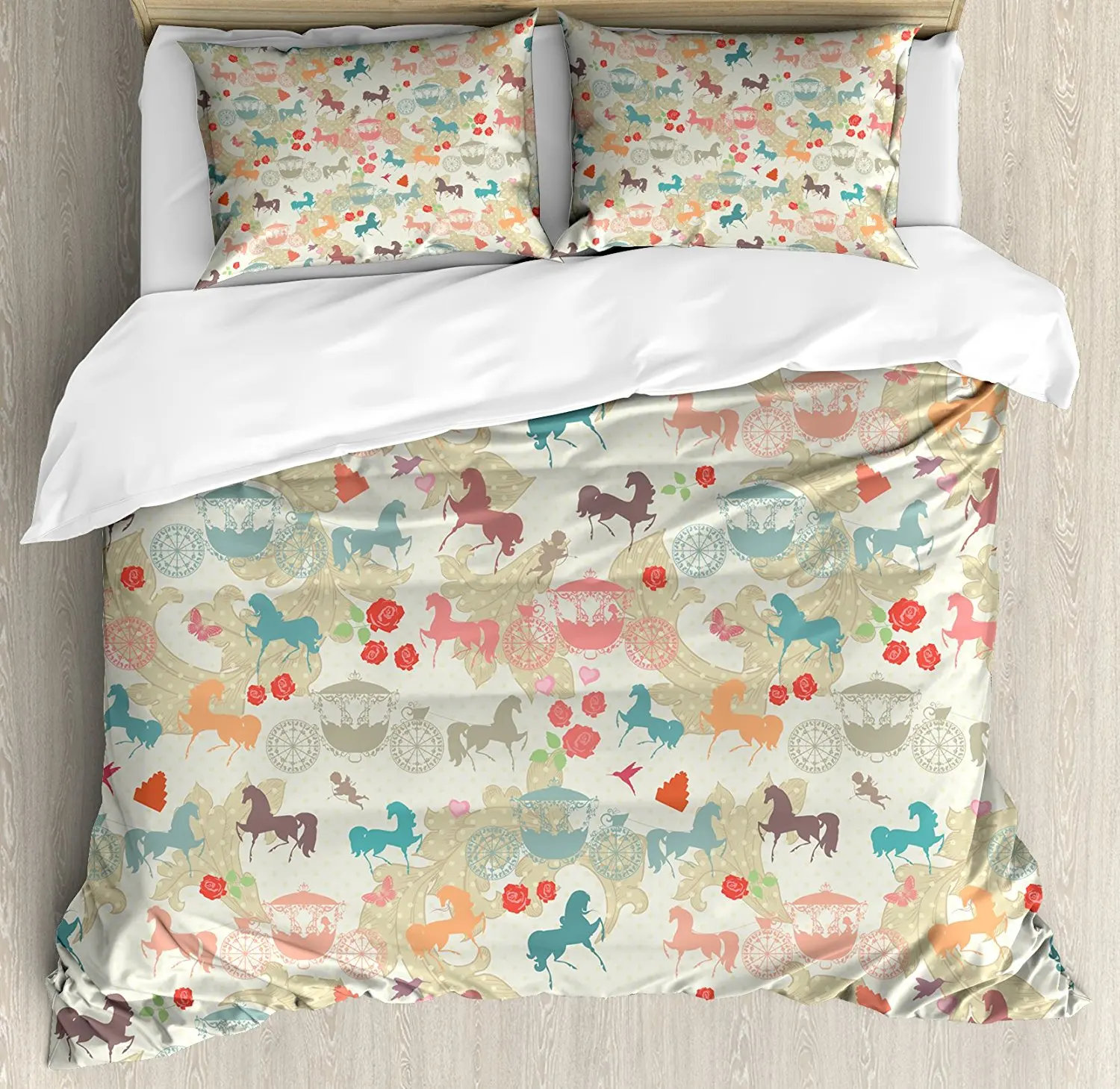 Horses Duvet Cover Set Carriage with Stallions Abstract Fairy Tales Elements Victorian Inspiration Romantic 4 Piece Bedding | Дом и сад