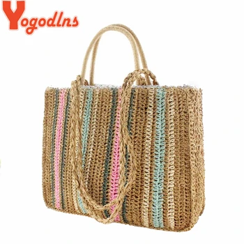 

Yogodlns Casual Boho Woven Shoulder Handbags for Women Multicolor Stripe Straw Totes Bags Female High Quality Top-handle Bags