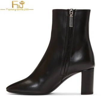 

FSJ Fashion 2020 Womens Black Shining Leather Ankle Side Zippers Boots Pointed Toe High Chunky Heels Dress Work Booties Woman 41