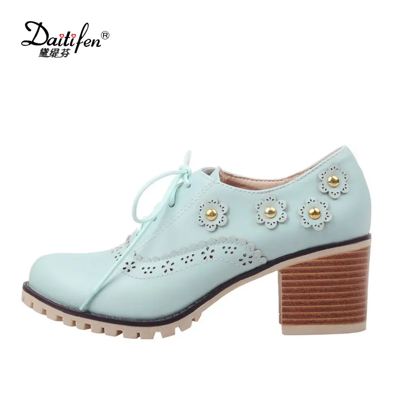 

Daitifen New Design Women Heels Shoes Cut-Out Rivet Oxfords High Heel Vintage Shoes Casual Lace-Up Chunky Pumps Ladies Shoes