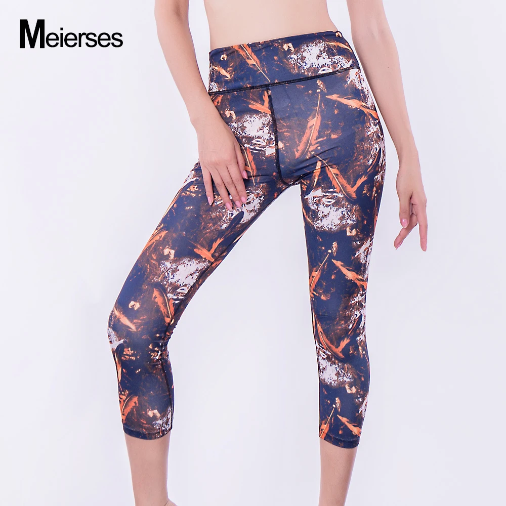 MEIERSES новые женские 3/4 Длина Высокая талия штаны для йоги тренировочные Леггинсы для бега дышащая эластичность размера плюс спортивная одежда
