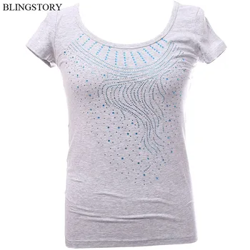

BLINGSTORY Summer Rhinestone Bead Short Sleeve Plus Size T-shirt For Women Diamond Tops S-6XL