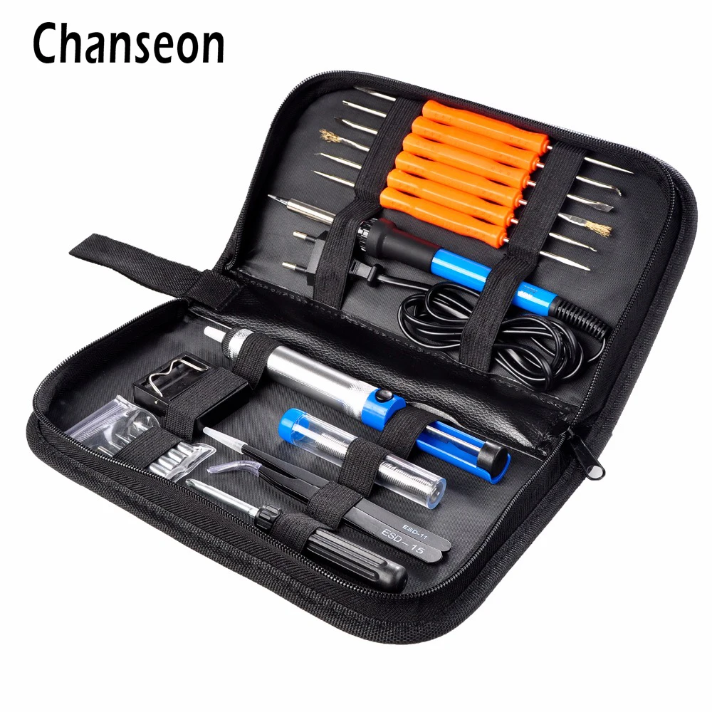 EU Plug 220V 60W Adjustable Temperature Electric Soldering Iron Kit+5pcs Tips+Tweezers Solder Wire Portable Welding Repair Tool