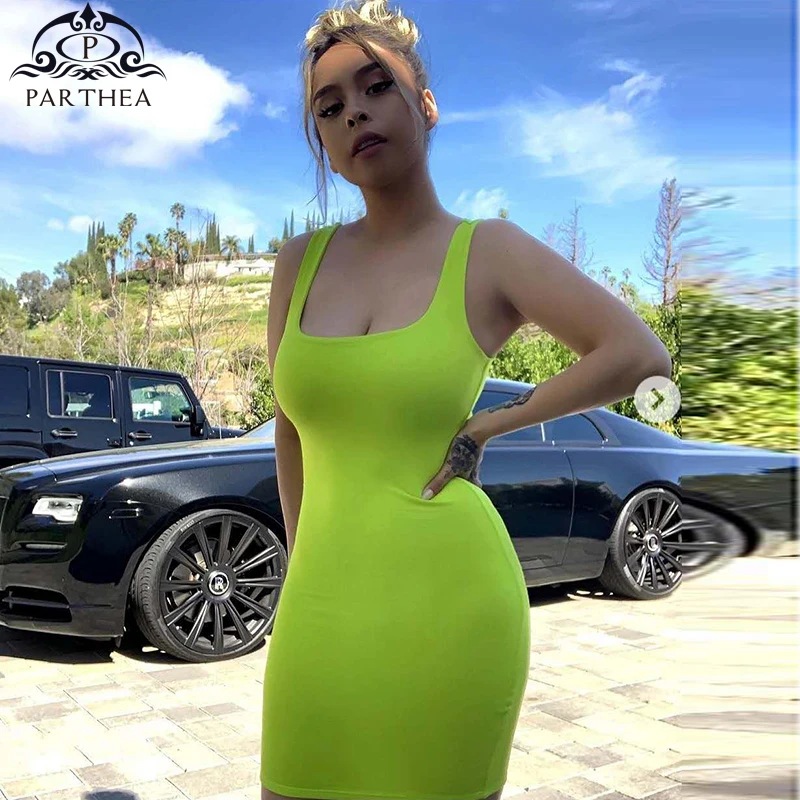 

Parthea 2 Layers Cotton Pink Dress Summer Neon Green Sleeveless Bodycon Women Dress White Casual Dress Black Sexy Robe Femme