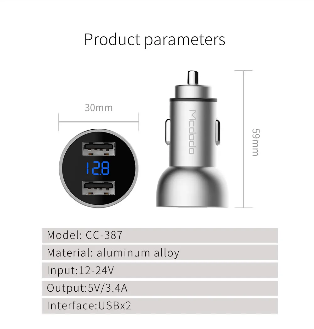 Mcdodo Dual USB Автомобильное зарядное устройство 3.4A Быстрая зарядка для iPhone 7 8 6 6s 5S светодиодный цифровой дисплей для samsung Galaxy S8 Plus Xiaomi