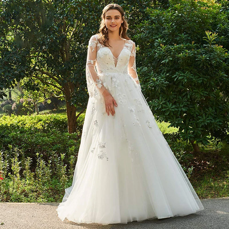 

Illusion Long Sleeves Wedding Dress V Back Lace Applique Sexy Top Tulle Bottom Skirt V Neck Bridal Party Gown Travel Photo Dress