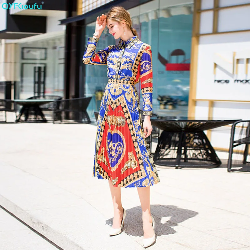 

QYFCIOUFU 2018 Designer Runway Suits Set Women's Long Sleeve High Quality Print Blouse And Pleated Long Skirt Two Piece Set