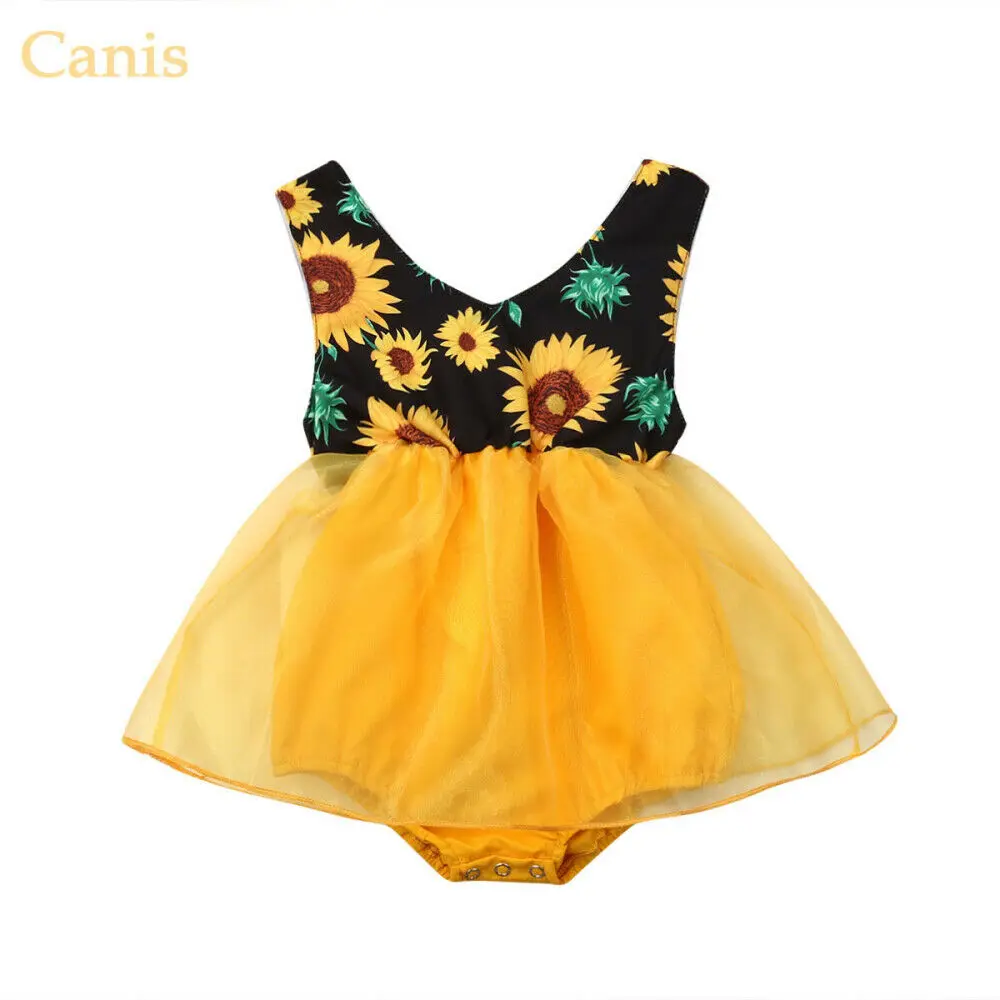

2019 Canis Summer Newborn Infant Girl Sunflower Bodysuit Jumpsuit Princess Pageant Tutu Skirt