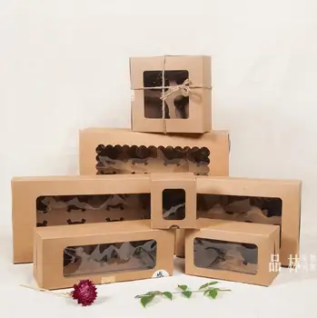 

15pcs Large Natural Brown Kraft Paper Cupcake Box 12 Cup Food Grade Packaging Muffin Gift Box 8 Craft Clear PVC Window Cake Box