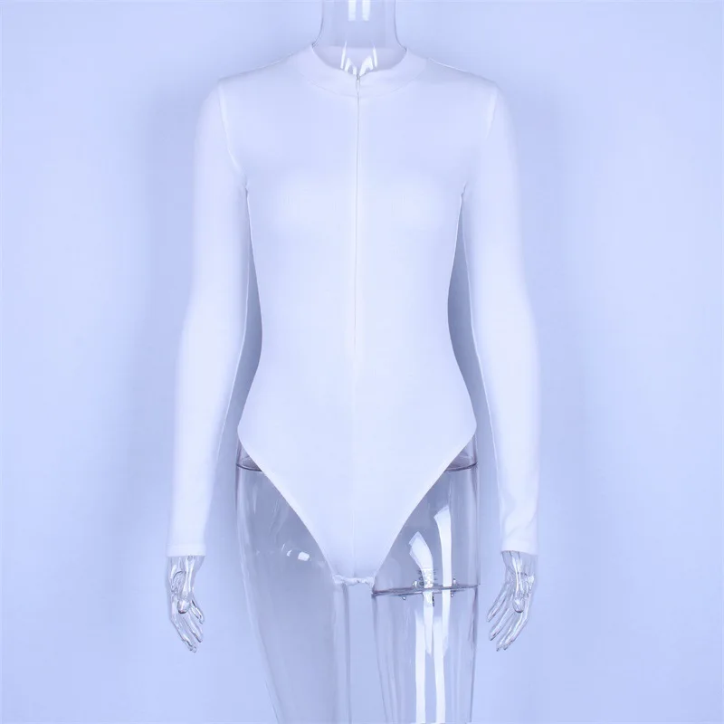 AOSSILIND осень длинный рукав молния облегающий сексуальный костюм зимний женский модный однотонный боди вечерние Клубные обтягивающие боди - Цвет: Белый