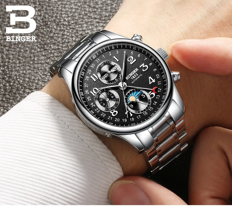 Швейцарские мужские часы BINGER, люксовый бренд, несколько функций, фаза Луны, сапфир, календарь, механические наручные часы B-603-8