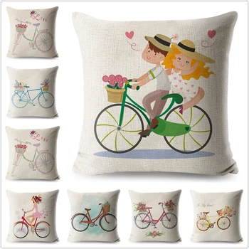 

Cartoon Bike Flowers Pillow Case Linen 45*45 cm Pink Decorative Printed Cushion Cover for Sofa Home Throw Pillowcase