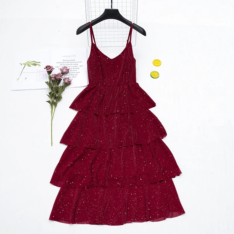 

Women Summer Spaghetti Strap Bling Sequined Ball Gown Ruffles Dress Vintage Elastic Slim Waist Pullover Pleated Layer Cake Dress