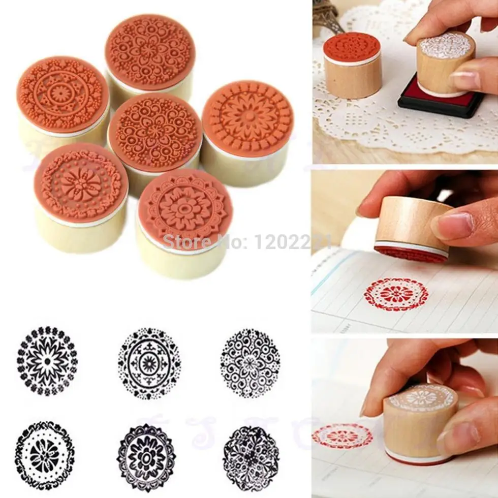 

E74 Round Shape Wooden Assorted Vintage Floral Pattern Rubber Stamp Scrapbook 6pcs