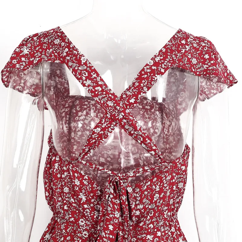 Backless navy floral print short dress Women back strap high waist summer dress Vintage red boho beach dress vestidos14
