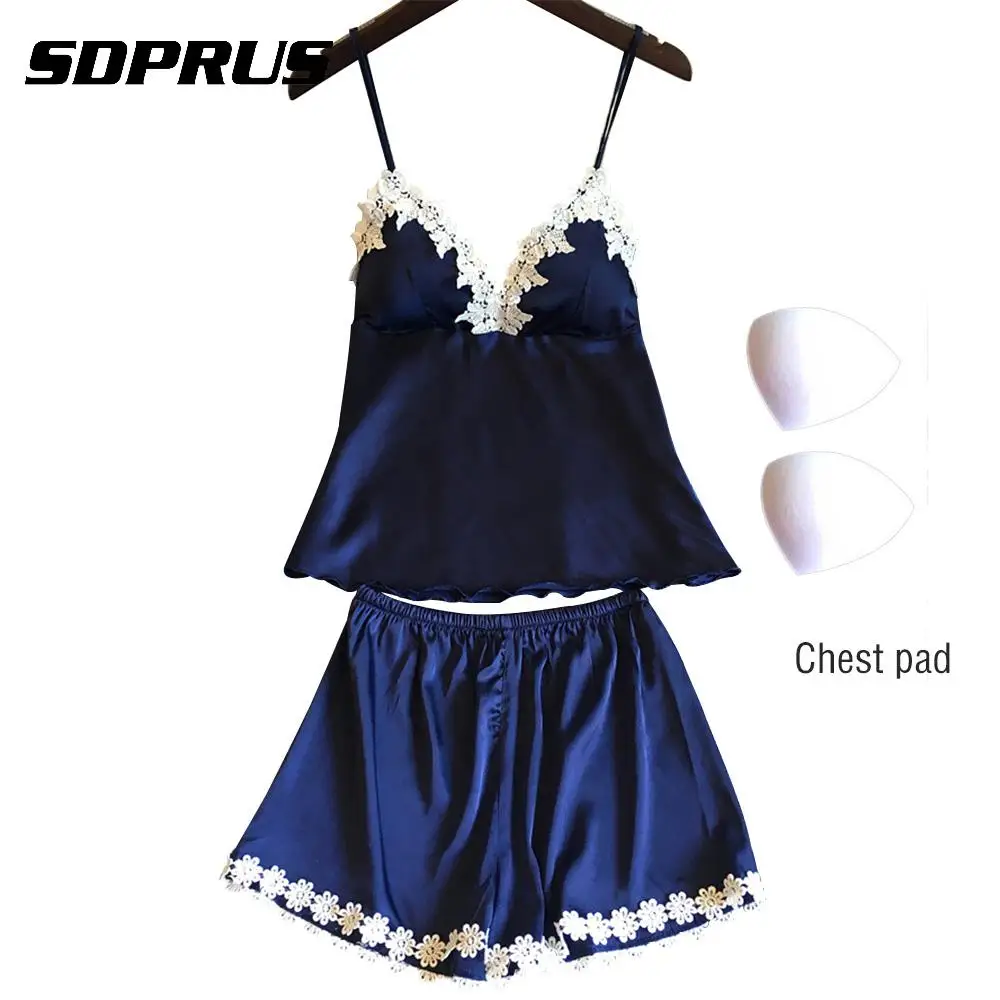 

Two Piece Set pajamas sets Women Summer Sexy Plum-blossom Deep V-neck Nightwear Homewear Sleeveless Sleepwear