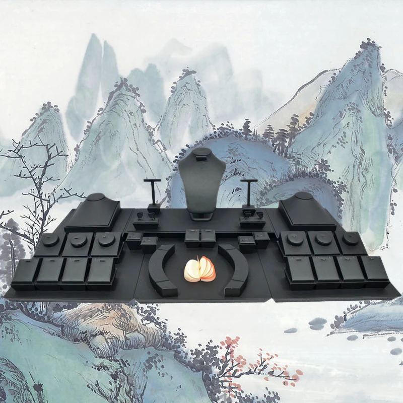 

China Style Jewelry Display Showcase Black PU Leather Ring Earring Stand Necklace Holder Jewelry Organizer Show Free EMS