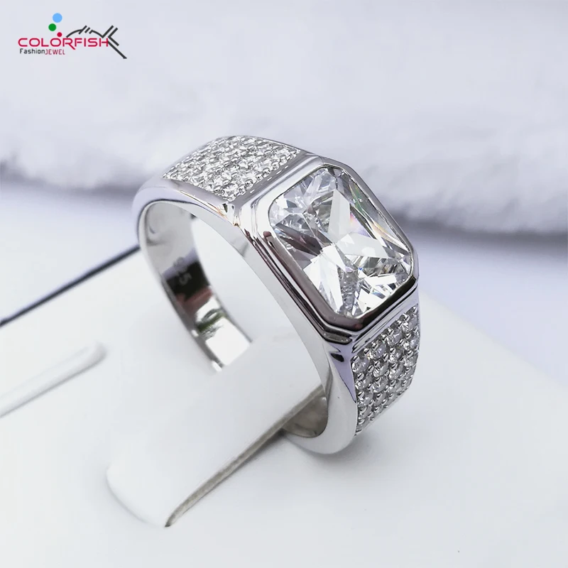 

COLORFISH Brand 2.5 Ct Square Mens Rings Center Stone Bezel Set SONA Simulated Solid 925 Sterling Silver Engagement Male Ring