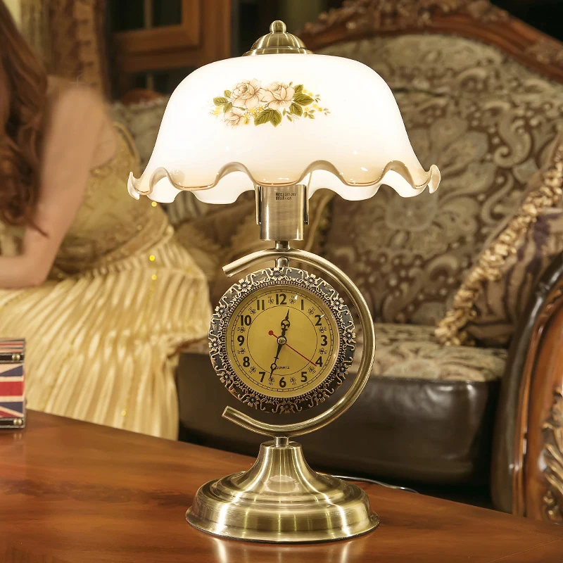 

Clock Desk Lamp Camellia Glass Table lamp European Rural Contracted Style Bedroom Living Room Study Desk Light