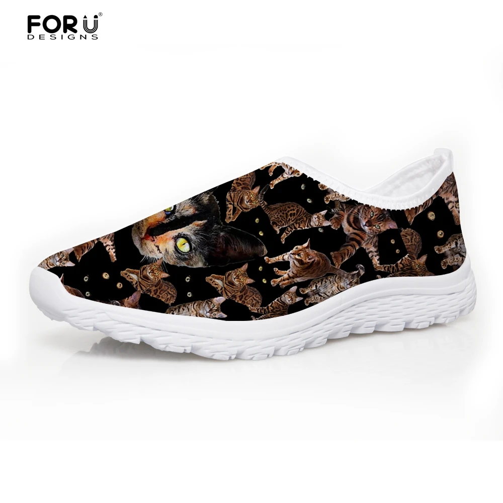 

FORUDESIGNS Black Flats Women Shoes Cool Animal Cat Pattern Beach Ladies Loafers Shoes Woman Lovers Slip On Comfort Mesh Shoes