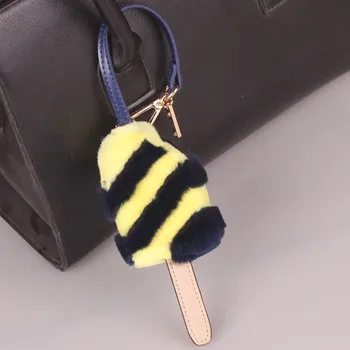 

Brand Luxury Fashion Fluffy Real Mink Fur Pompom Ice Cream Keychain Pendant Fur Pom Pom Key Chain Women Bag Charm