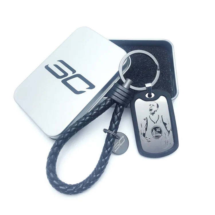 

Hot sale super basketball star signature stainless steel key chain hand kintting leather key rings for curry