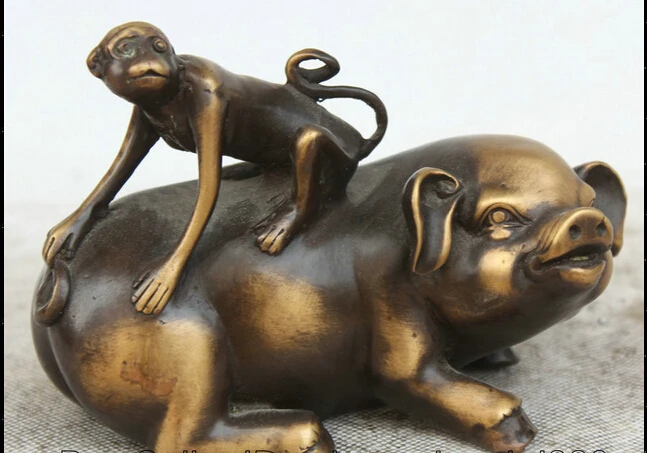 

JP S61 6" Chinese Copper animal Folk Fengshui Zodiac Year Pig Monkey Statue sculpture Discount 35%