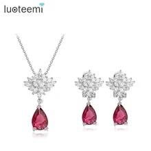 LUOTEEMI 4 Color AAA Lujo Circonita Pavimentada de Platino Plateado Mujeres Pendientes Collar Set Para El Partido Nupcial De La Boda Joyería